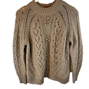 J Crew Womens Sweater Camel Long Sleeve Alpaca  wool blend Cable Knit Size Small